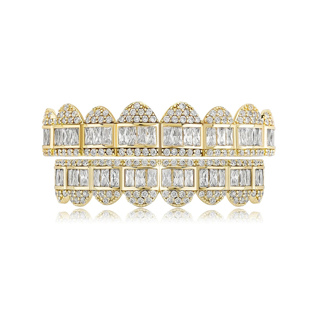 TOPGRILLZ New Baguette Set Teeth Grillz Top & Bottom 14K White Gold Hip Hop Fashion Rapper Jewelry Gift For Men Women