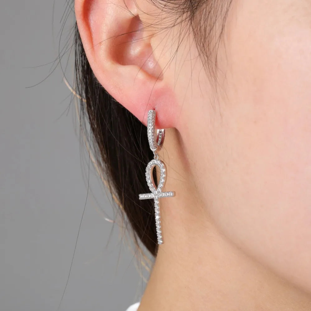 TOPGRILLZ Iced Zircon Ankh Cross Earring Gold Silver Color Micro Paved AAA Bling CZ Stone Earrings For Man Women Hip Hop Jewelry