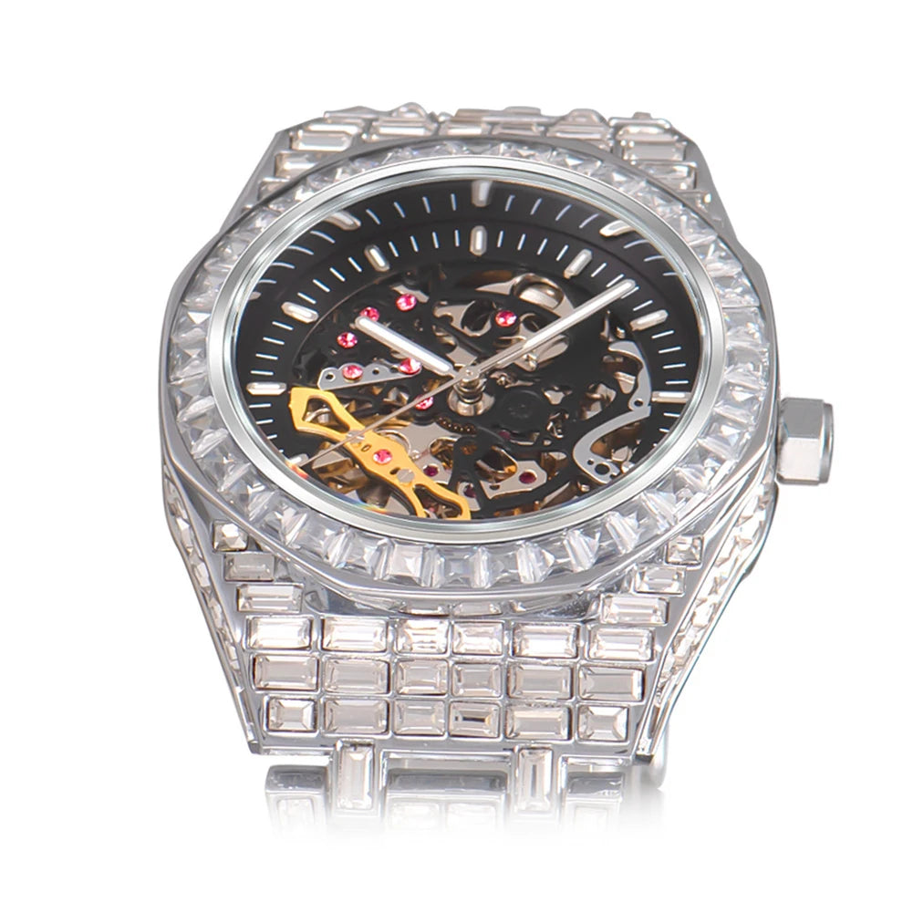 TOPGRILLZ Mechanical Luxury Baguette Rhinestones Watches In Yellow Gold Shine Stainless Steel Watch Quality Business Watch