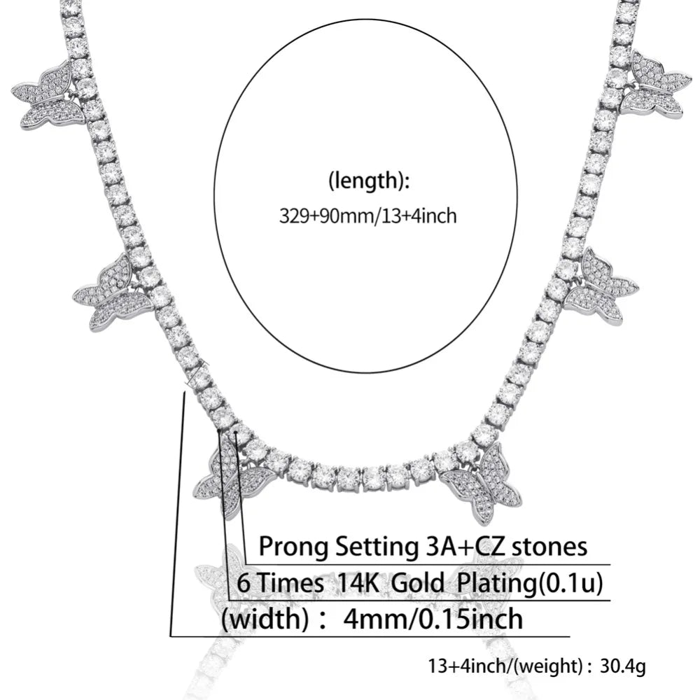 TOPGRILLZ Butterfly Chain  3/4MM Tennis Chain Choker Necklace Iced Out Cubic zircon Bling Hip Hop Charm  Jewelry For Men Women
