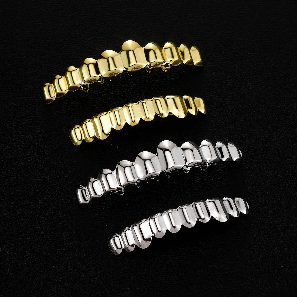 TOPGRILLZ 2Pcs Hip Hop Grillz Set No Stone Solid Mirror Top Bottom 10 Teeth Grills Classic Jewelry Men Women