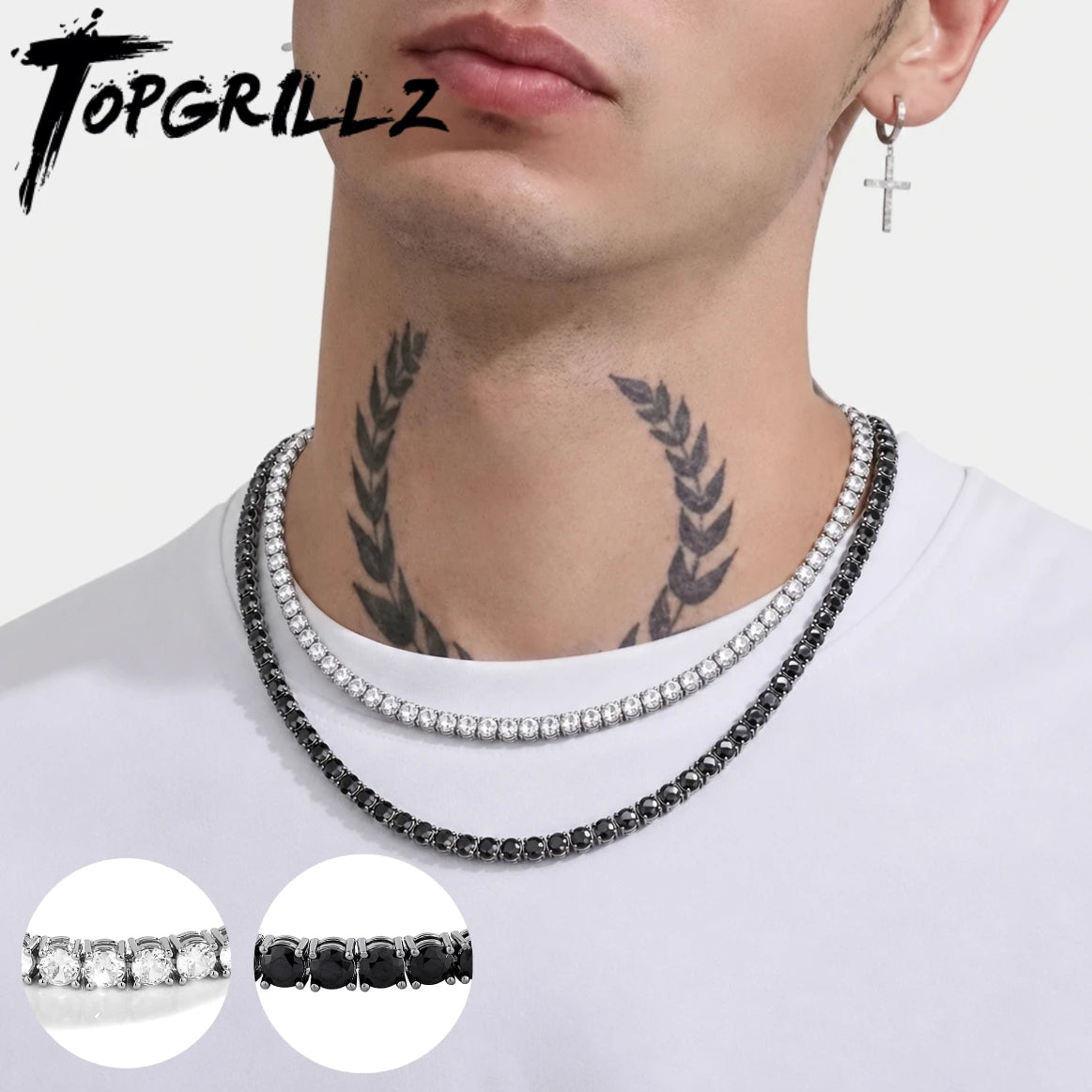 TOPGRILLZ 2PC Classic Versatile 3-5MM Tennis Chain Hip Hop Jewelry Set in Black & White CZ - Festival Gift For Men&Women