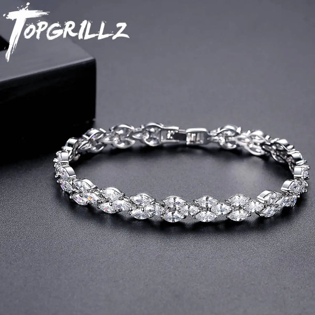 TOPGRILLZ Marquise CZ Link Bracelet Silver Plated Copper Prong Set Articulated Square Box Clasp Hip Hop Jewelry Men Women