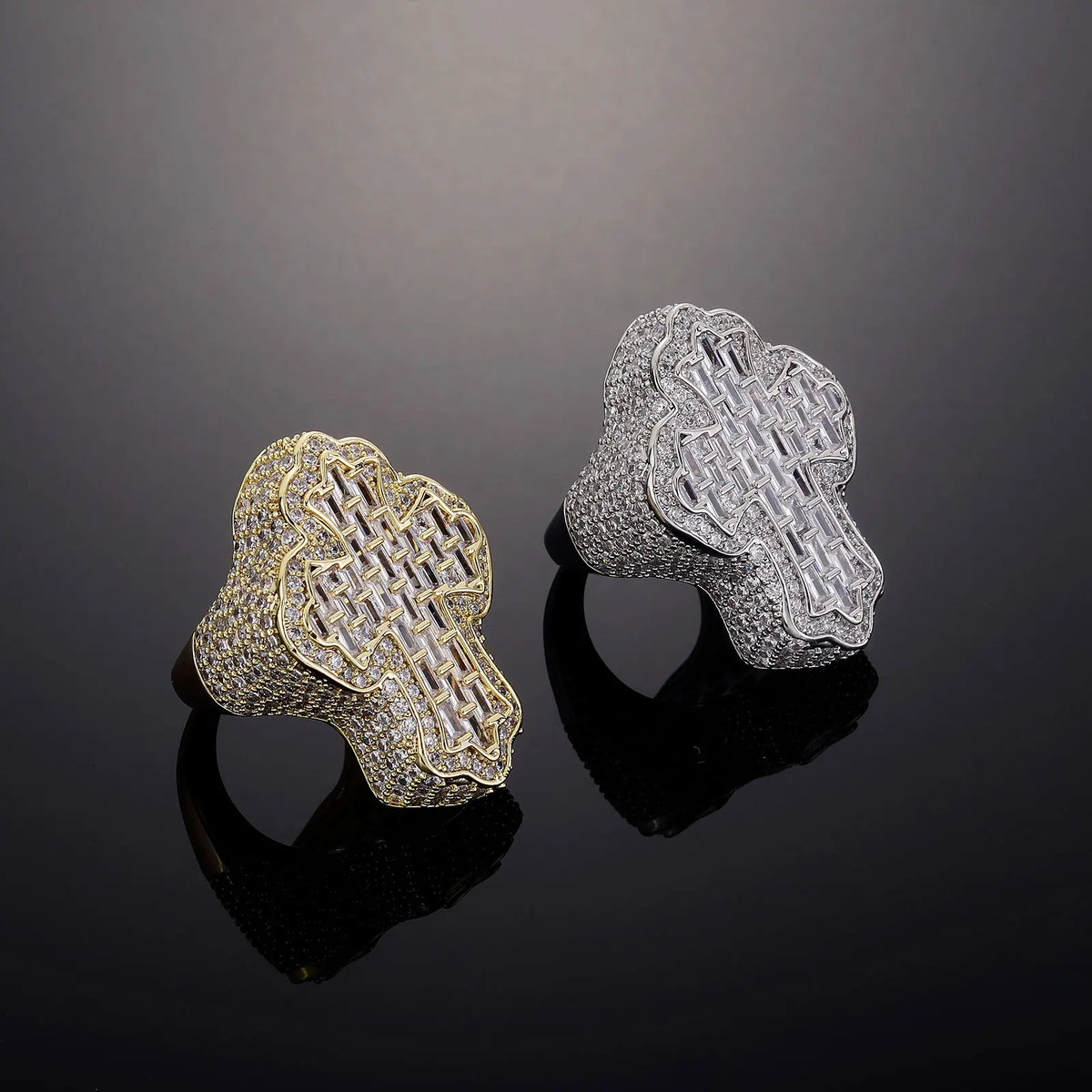 TOPGRILLZ Baguette Iced Out Bling CZ Cross Ring Gold Plated Prong Setting Cubic Zirconia Big Rings Hip Hop Luxulry Jewelry