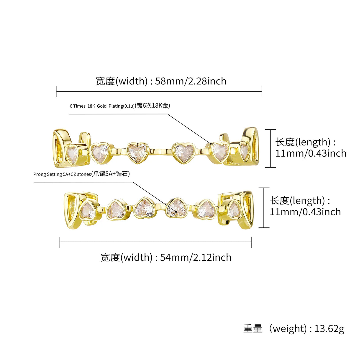 TOPGRILLZ Hip Hop Y2K Copper Grillz Set Pink And Clear Heart CZ Top Bottom Teeth Cap Sweet Cool Bling Jewelry For Women Men