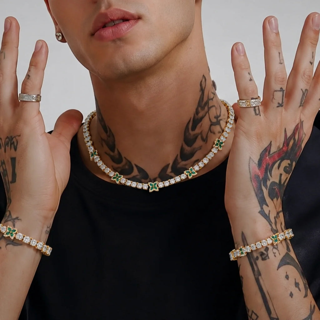 TOPGRILLZ Green Clover Tennis Chain Necklace Gold Plated White & Green CZ Four Leaf Charm Hip Hop Bling Jewelry Men Women Gift