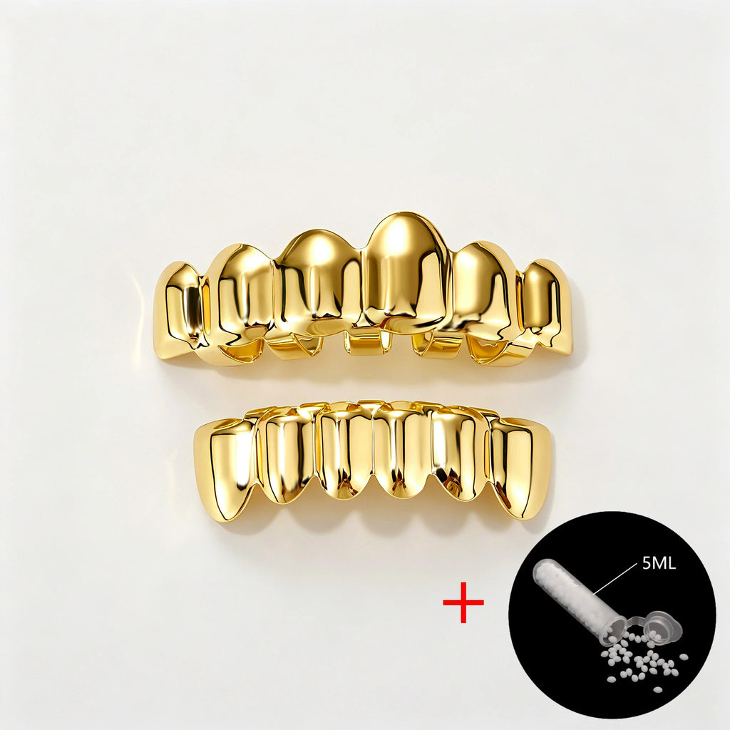 TOPGRILLZ 2Pcs Hip Hop Grillz Set No Stone Solid Mirror Top Bottom 10 Teeth Grills Classic Jewelry Men Women