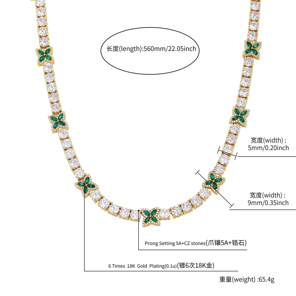 TOPGRILLZ Green Clover Tennis Chain Necklace Gold Plated White & Green CZ Four Leaf Charm Hip Hop Bling Jewelry Men Women Gift