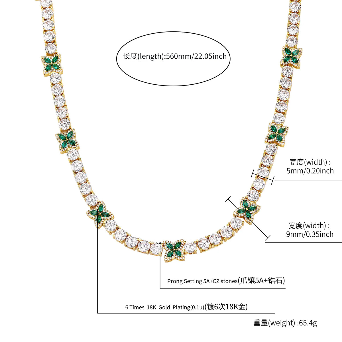 TOPGRILLZ Green Clover Tennis Chain Necklace Gold Plated White & Green CZ Four Leaf Charm Hip Hop Bling Jewelry Men Women Gift