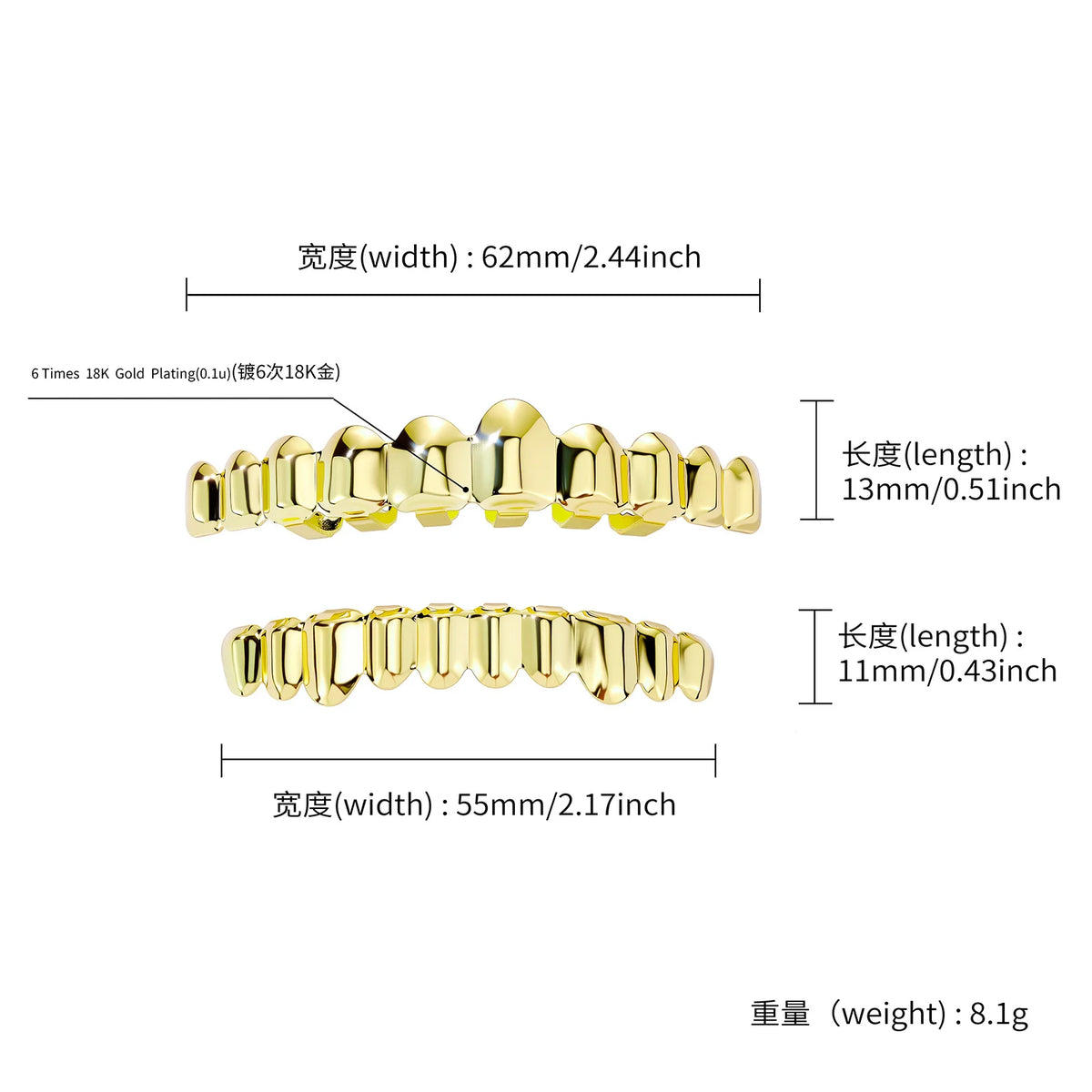 TOPGRILLZ 2Pcs Hip Hop Grillz Set No Stone Solid Mirror Top Bottom 10 Teeth Grills Classic Jewelry Men Women
