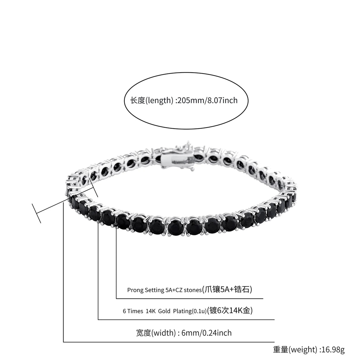 TOPGRILLZ 3MM-5MM Iced Out Black Cubic Zirconia Tennis Chain Bracelet Micro Paved 5A+ CZ Stones Charm Bangle For Men Women Gift