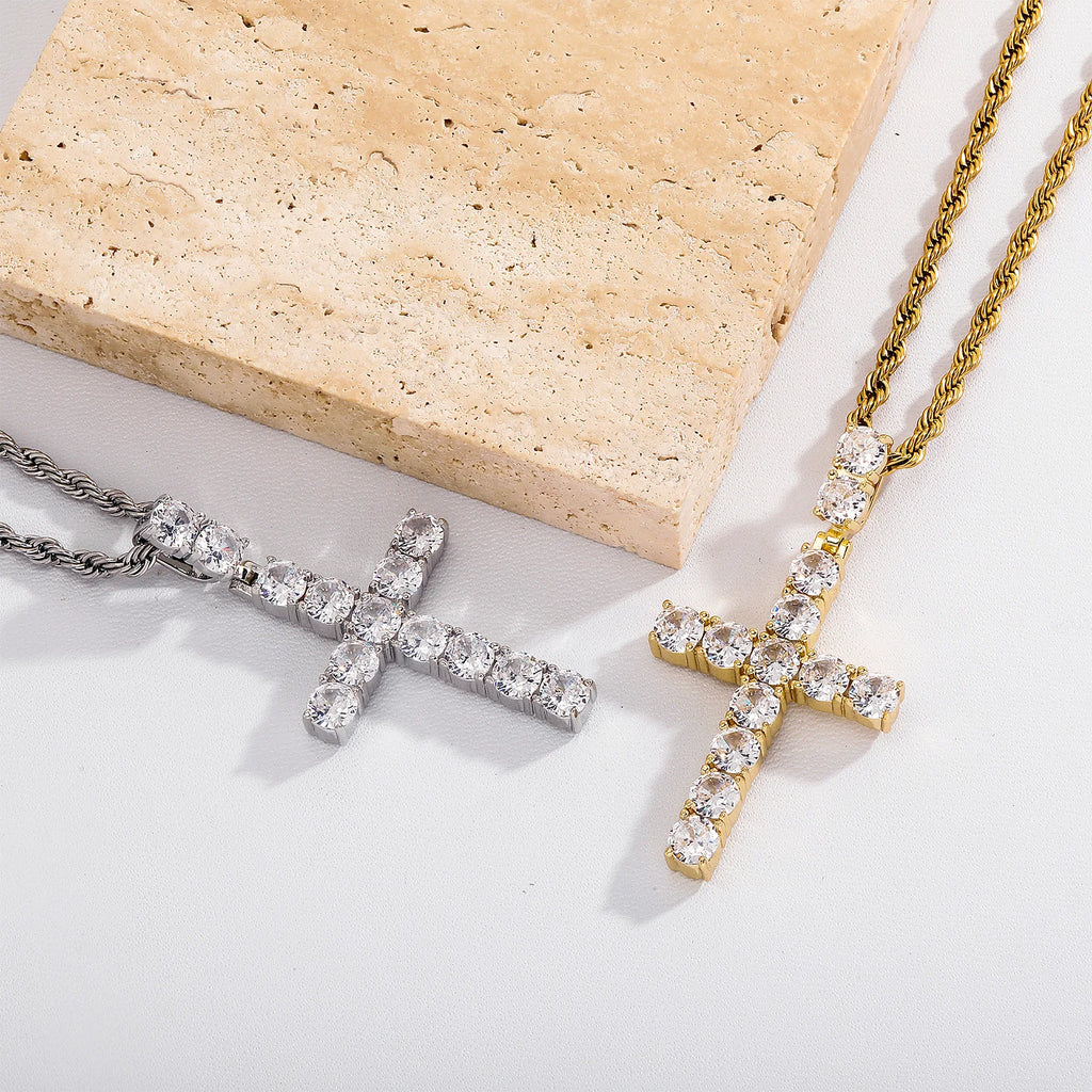 TOPGRILLZ 2Pcs Layered Hip Hop Necklace Set Iced Out Cuban Tennis Chain CZ Cross Pendant Streetwear Bling Jewelry Men Women