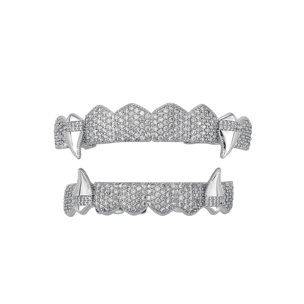 TOPGRILLZ Iced Out 5A+ CZ Teeth Set 8 Top& 8 Bottom Mouth Gold Silver Color Tooth Caps Removable Dental Grills For Halloween