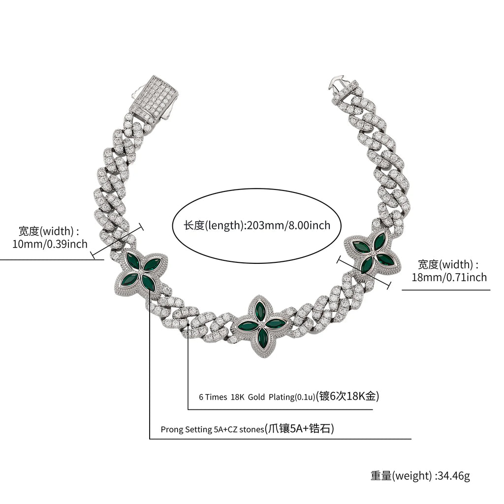 TOPGRILLZ 10mm Multi Color CZ Floral Cuban Chain Bracelet Micro Paved Iced Out 5A+ Cubic Zircon Clover Anklet Luxury Jewelry