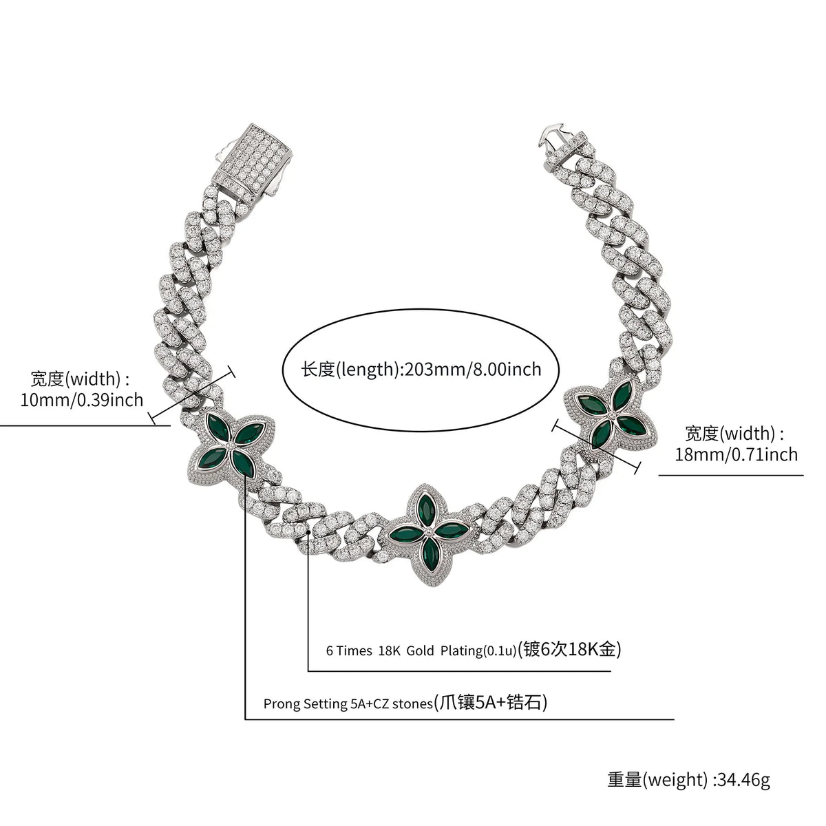 TOPGRILLZ 10mm Multi Color CZ Floral Cuban Chain Bracelet Micro Paved Iced Out 5A+ Cubic Zircon Clover Anklet Luxury Jewelry