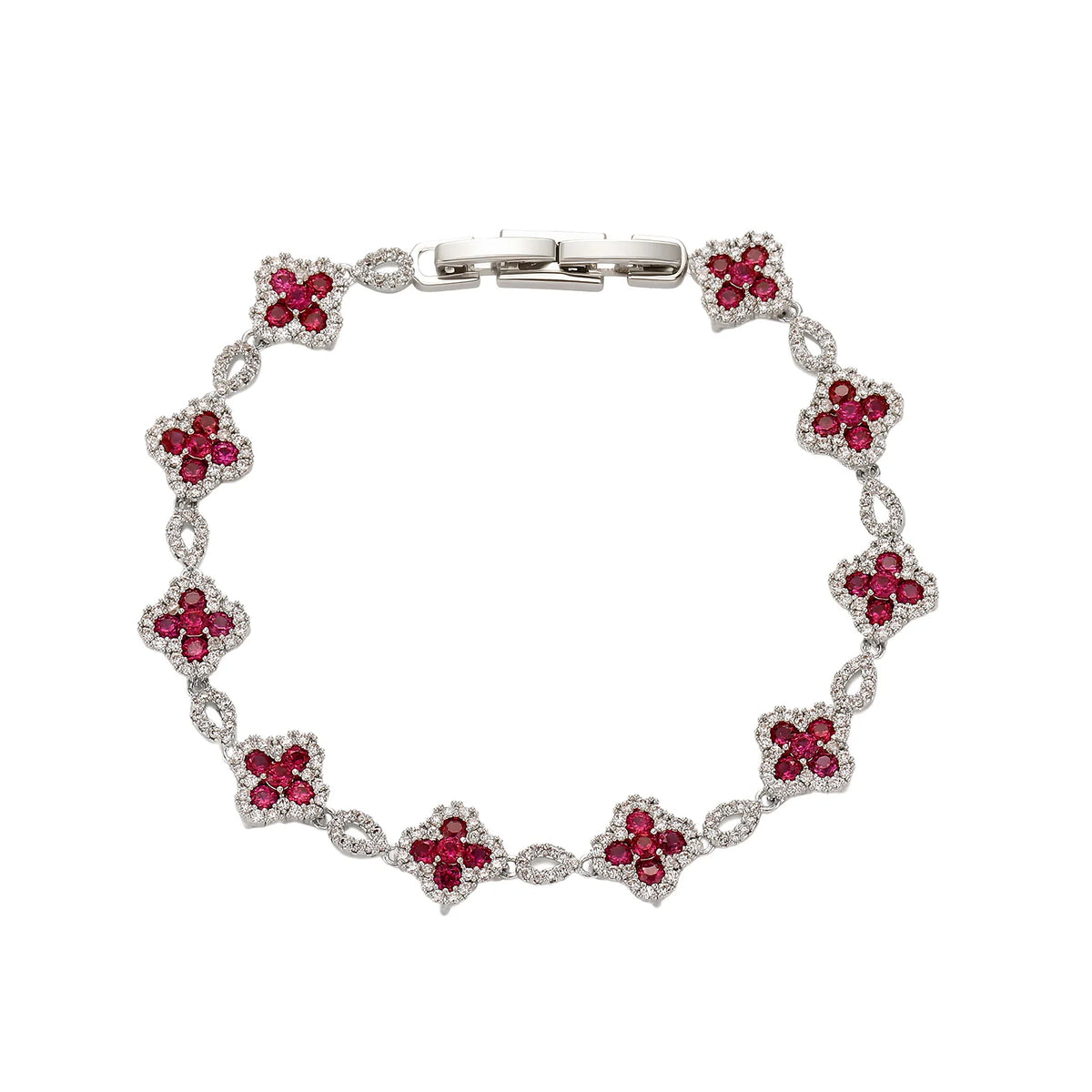 TOPGRILLZ French Luxury Platinum Plated Copper Y2K Four Leaf Clover Bracelet Wine Red CZ HipHop Jewelry Party Gift For Men&Women