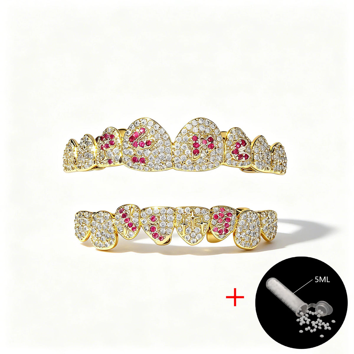 TOPGRILLZ White & Pink CZ Heart Cross Star Micro Pave Fang Grillz Set Gold Plated Top Bottom 8 Teeth Y2K Sweet Hip Hop Jewelry