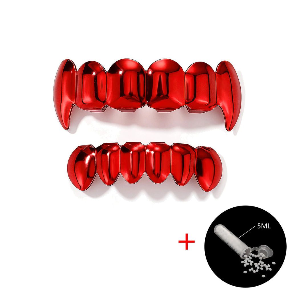 TOPGRILLZ Red Mirror Hip Hop Grillz Set 2Pcs 8 Teeth Top Bottom Grills Y2K Party Cosplay Teeth Halloween Jewelry Men Women