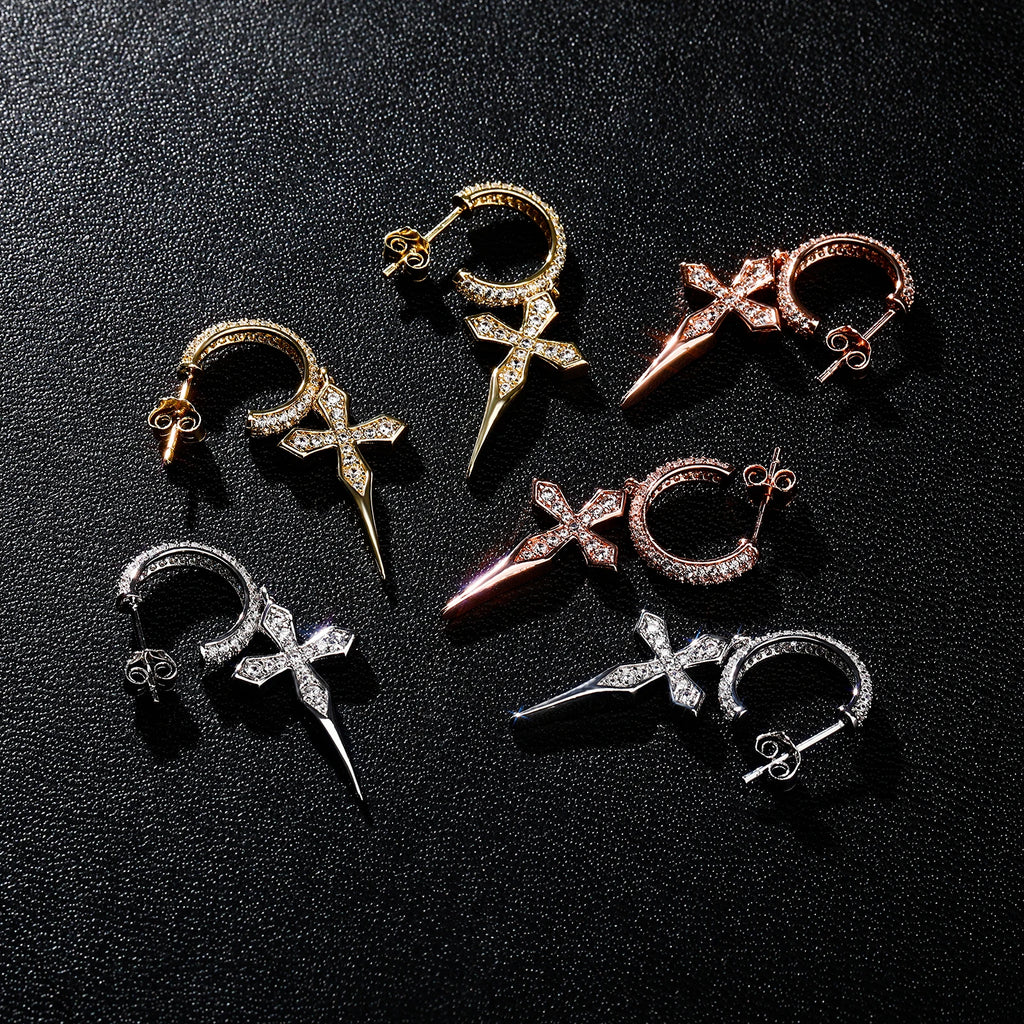 TOPGRILLZ Black CZ Ear Cuff Earrings Gun Plated Helloween Cross C-Shape Iced Out Hip Hop Gothic Jewelry Men Women
