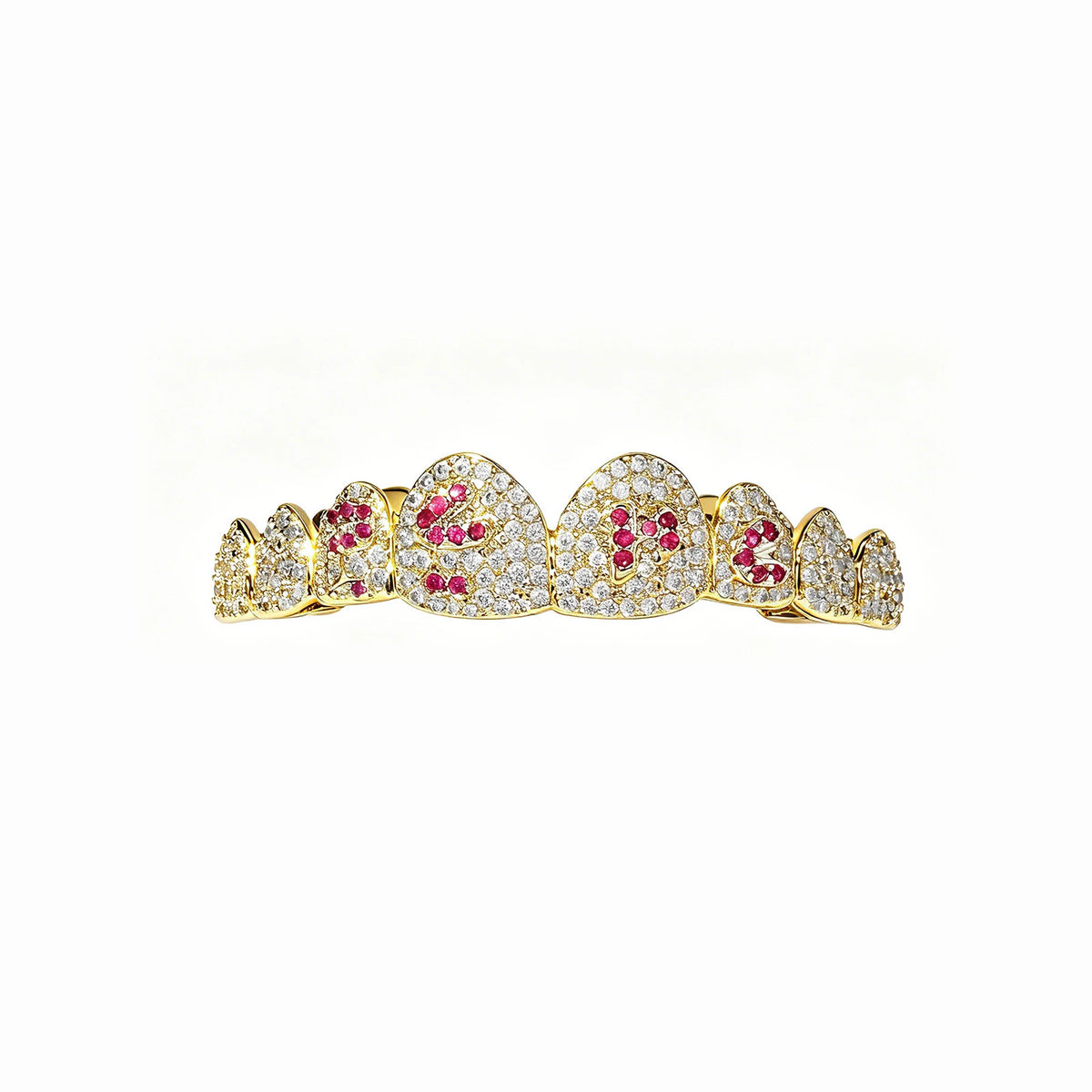 TOPGRILLZ White & Pink CZ Heart Cross Star Micro Pave Fang Grillz Set Gold Plated Top Bottom 8 Teeth Y2K Sweet Hip Hop Jewelry