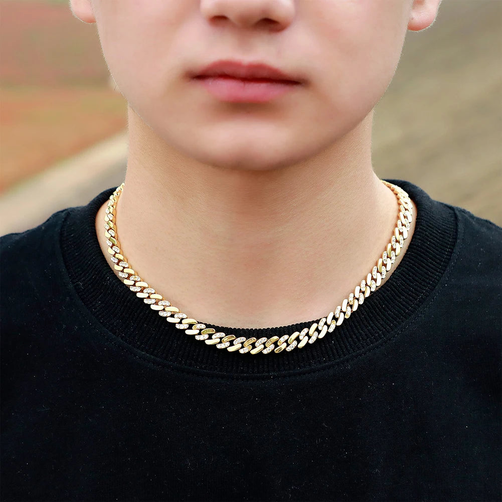 TOPGRILLZ 6MM/8MM Cuban Chain Necklace With Gold Plated Waterproof Iced Out Czechic Stone Hip Hop Fashion Jewelry For Men Women