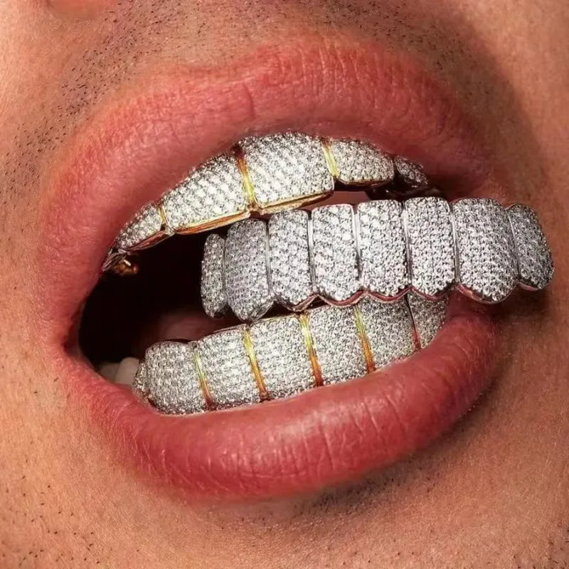 TOPGRILLZ Punk Iced Out Cubic Zircon Teeth Grills 8 Top & 8 Bottom Set Braces Full CZ Stones Dental Grills For Party Gift
