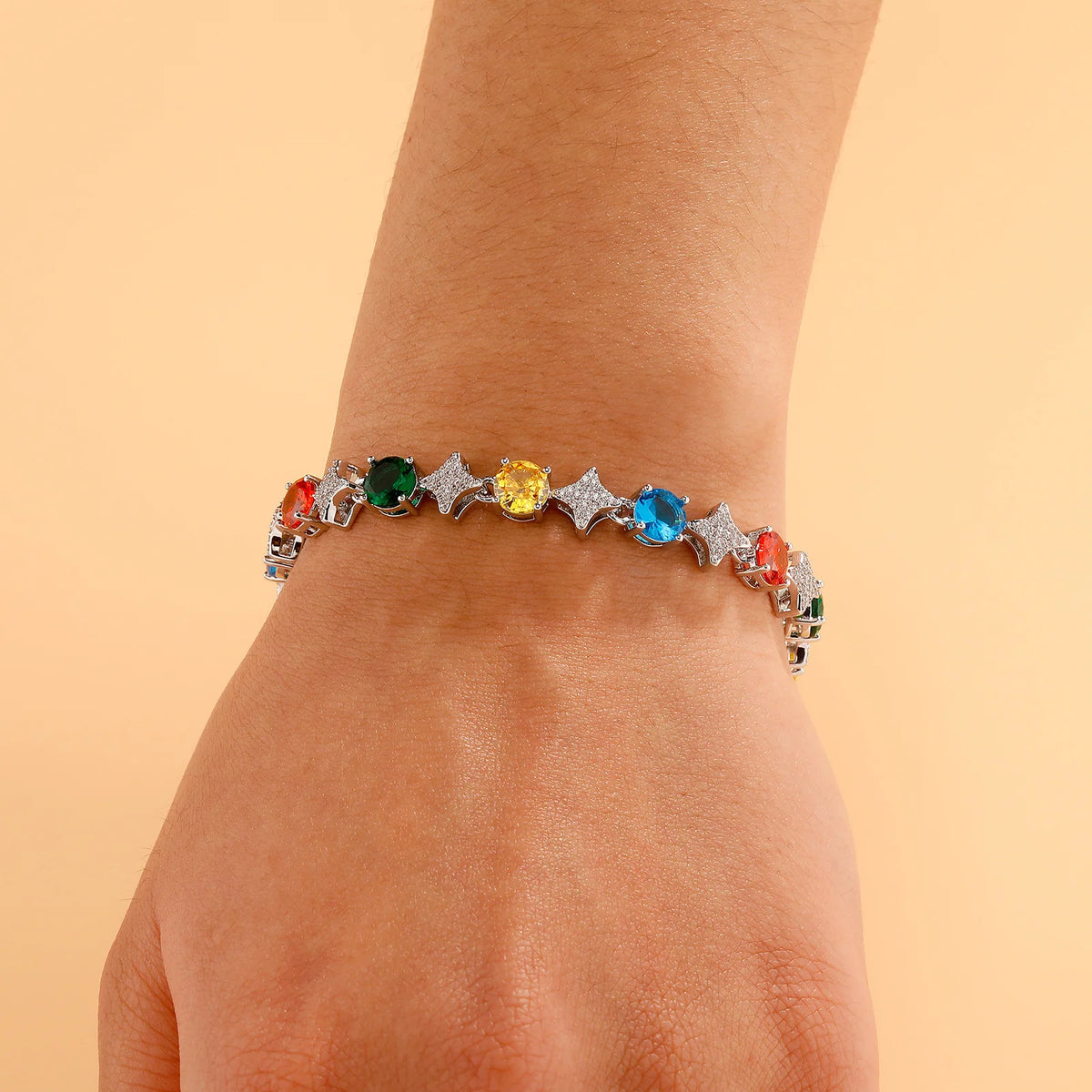 TOPGRILLZ 6MM Sparkling Star Tennis Chain Colorful Round Gemstone Design Bracelet 5A+ Cubic Zircon Luxury Jewelry For Men Women
