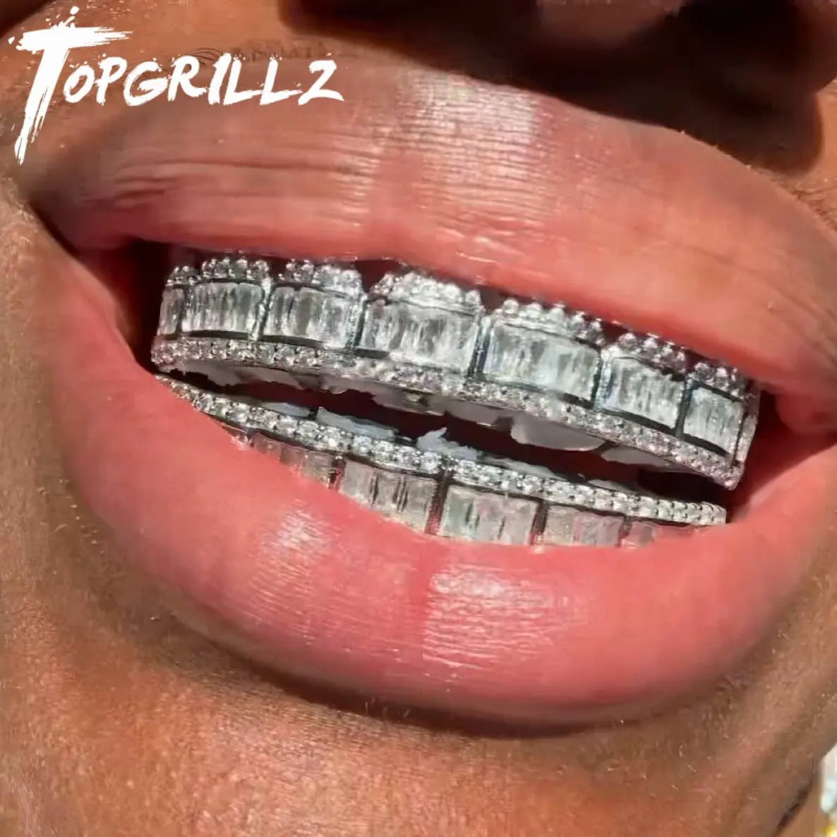 TOPGRILLZ New Baguette Set Teeth Grillz Top & Bottom 14K White Gold Hip Hop Fashion Rapper Jewelry Gift For Men Women