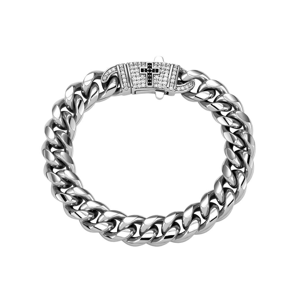 TOPGRILLZ Mens Streetwear Jewelry Gold Plated Copper Cuban Link Bracelet Black Cross Clasp Iced Out Gift For Men&Women