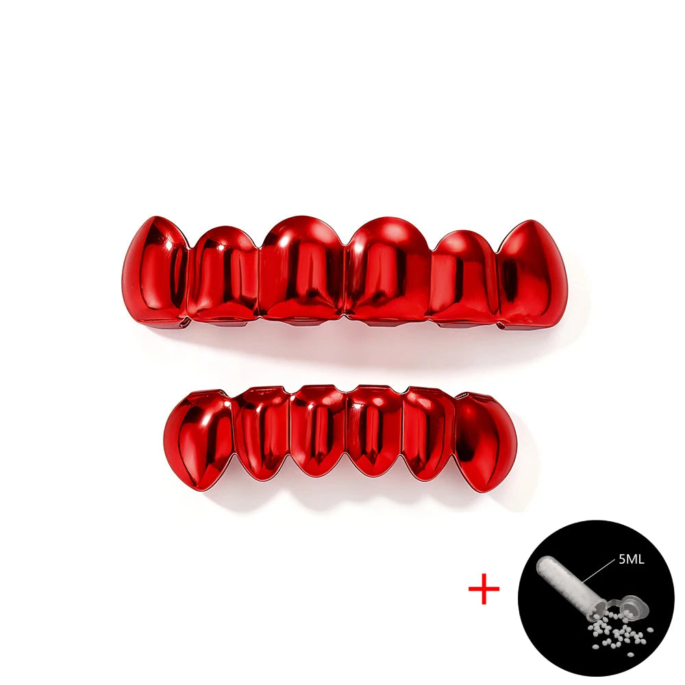 TOPGRILLZ Red Mirror Hip Hop Grillz Set 2Pcs 8 Teeth Top Bottom Grills Y2K Party Cosplay Teeth Halloween Jewelry Men Women