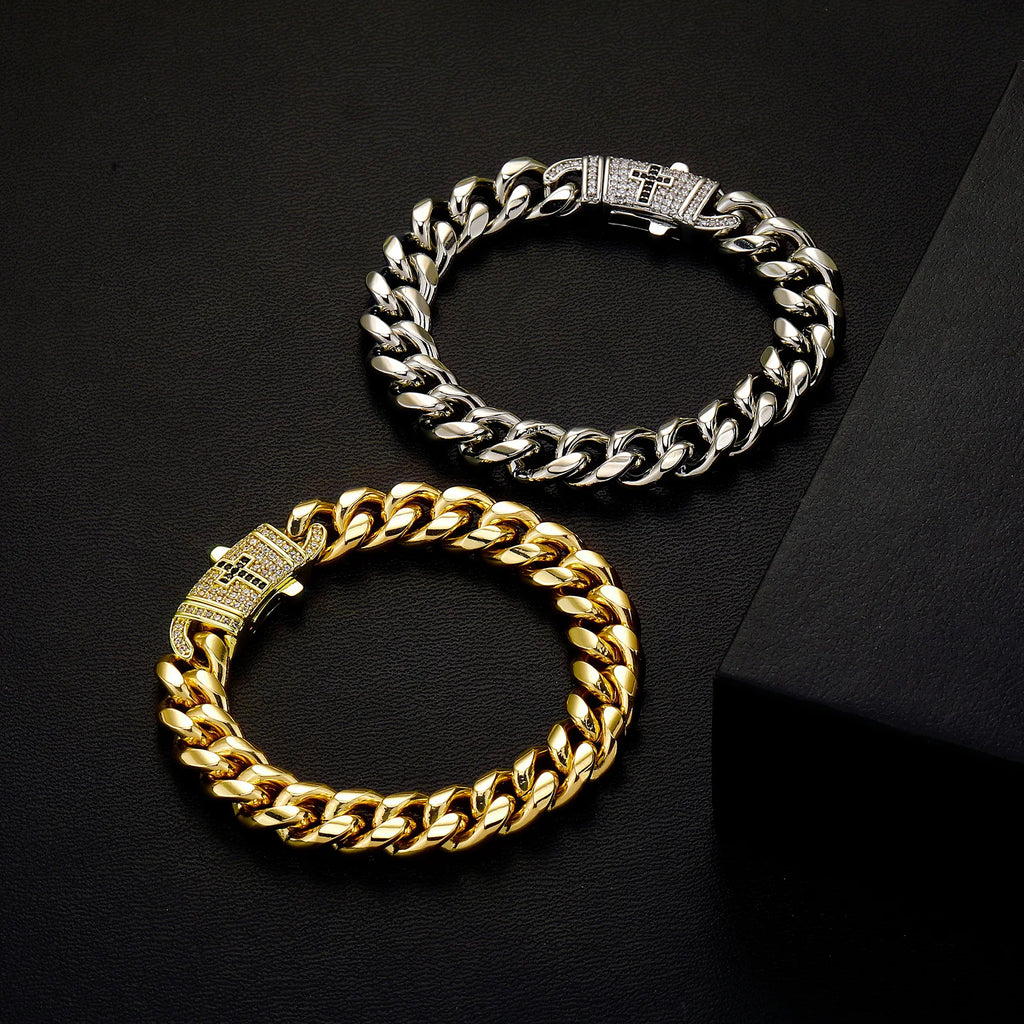TOPGRILLZ Mens Streetwear Jewelry Gold Plated Copper Cuban Link Bracelet Black Cross Clasp Iced Out Gift For Men&Women