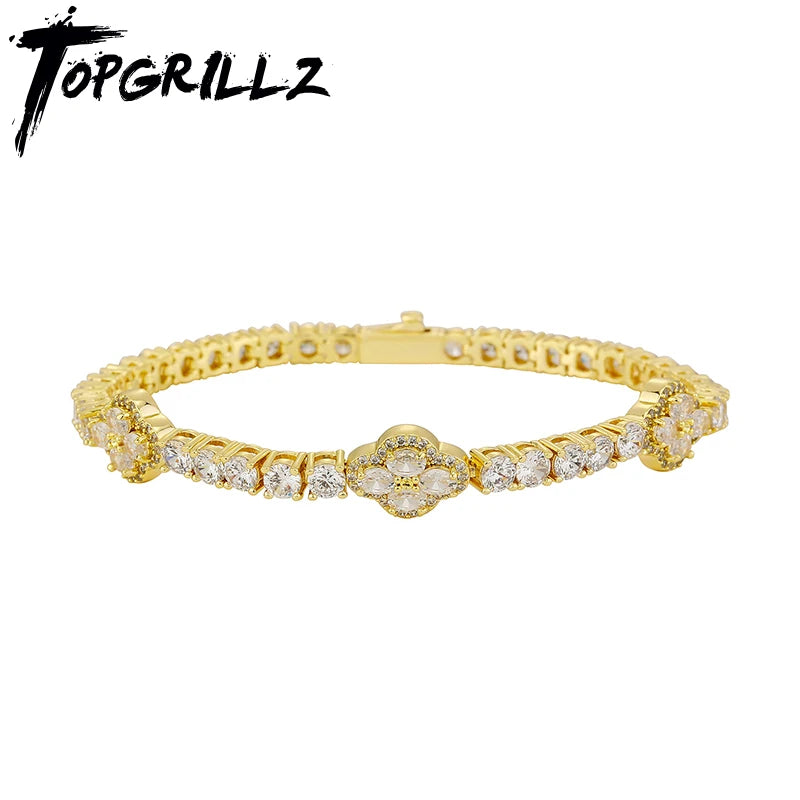 TOPGRILLZ Iced Out 4mm Zirconia Tennis Bracelet Flower Four Leaf Clover CZ Chain with Spring Buckle For Women Men Jewelry
