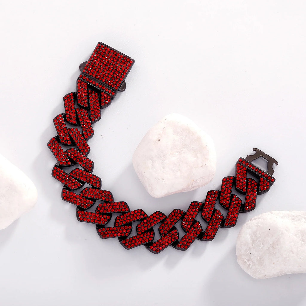 TOPGRILLZ 20MM Full Black Red Iced Out Miami Cuban Link Alloy Rhinestone Bracelet Necklace Hip Hop Jewelry Men Women