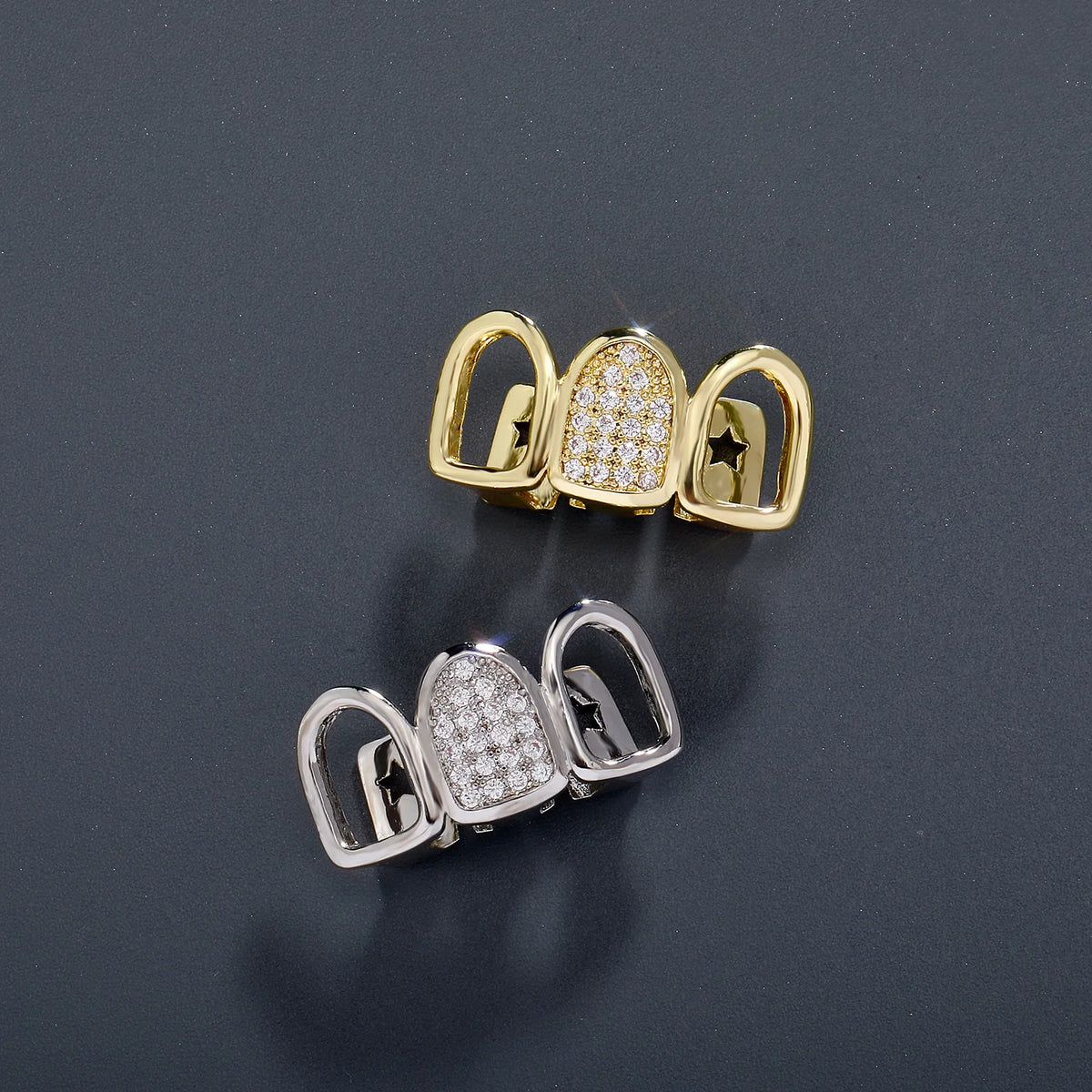 TOPGRILLZ Hip Hop CZ Teeth Grillz For Men Women Gold Silver Color 3 Tooth Grills Cap Dental Grill Punk Rapper Teeth Caps