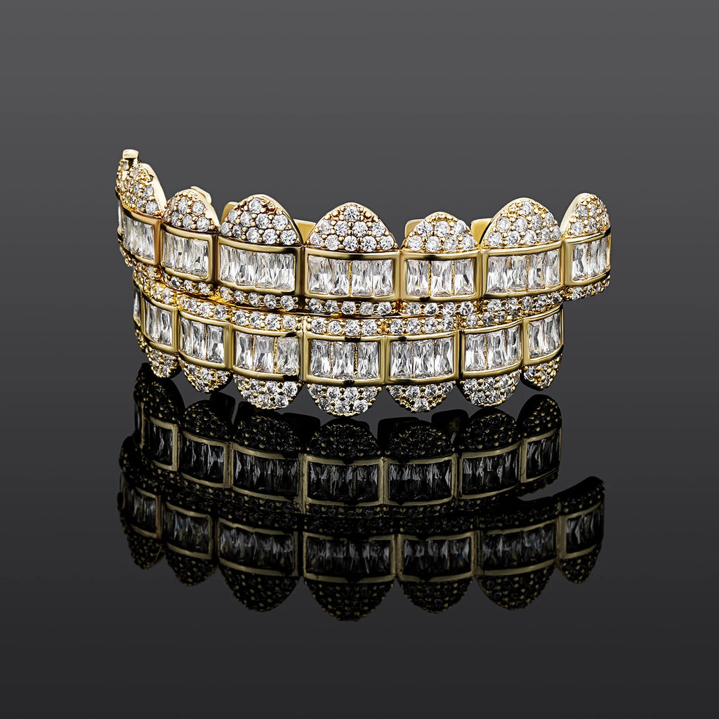 TOPGRILLZ New Baguette Set Teeth Grillz Top & Bottom 14K White Gold Hip Hop Fashion Rapper Jewelry Gift For Men Women