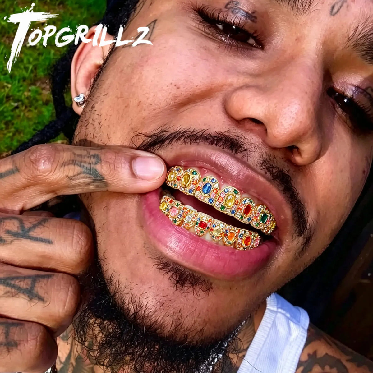 TOPGRILLZ  Hip Hop Full Iced Out  Set 8 Top&8 Bottom Tooth Cap Rainbow Candy Color Dental Grills For Unisex