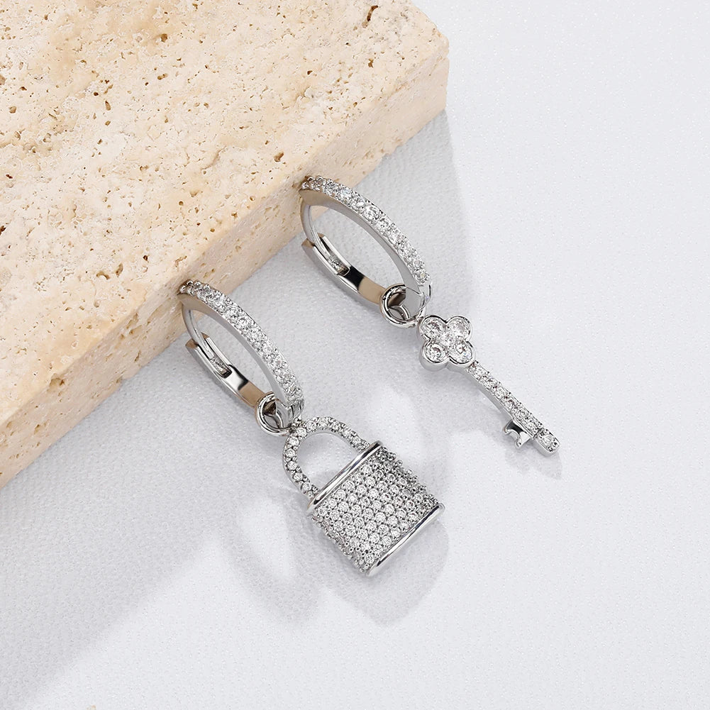 TOPGRILLZ 2022 New Couple Earrings Lock & Key Drop Earrings Iced Micro Pave Cubic Zirconia Earrings Hip Hop Jewelry For Gift
