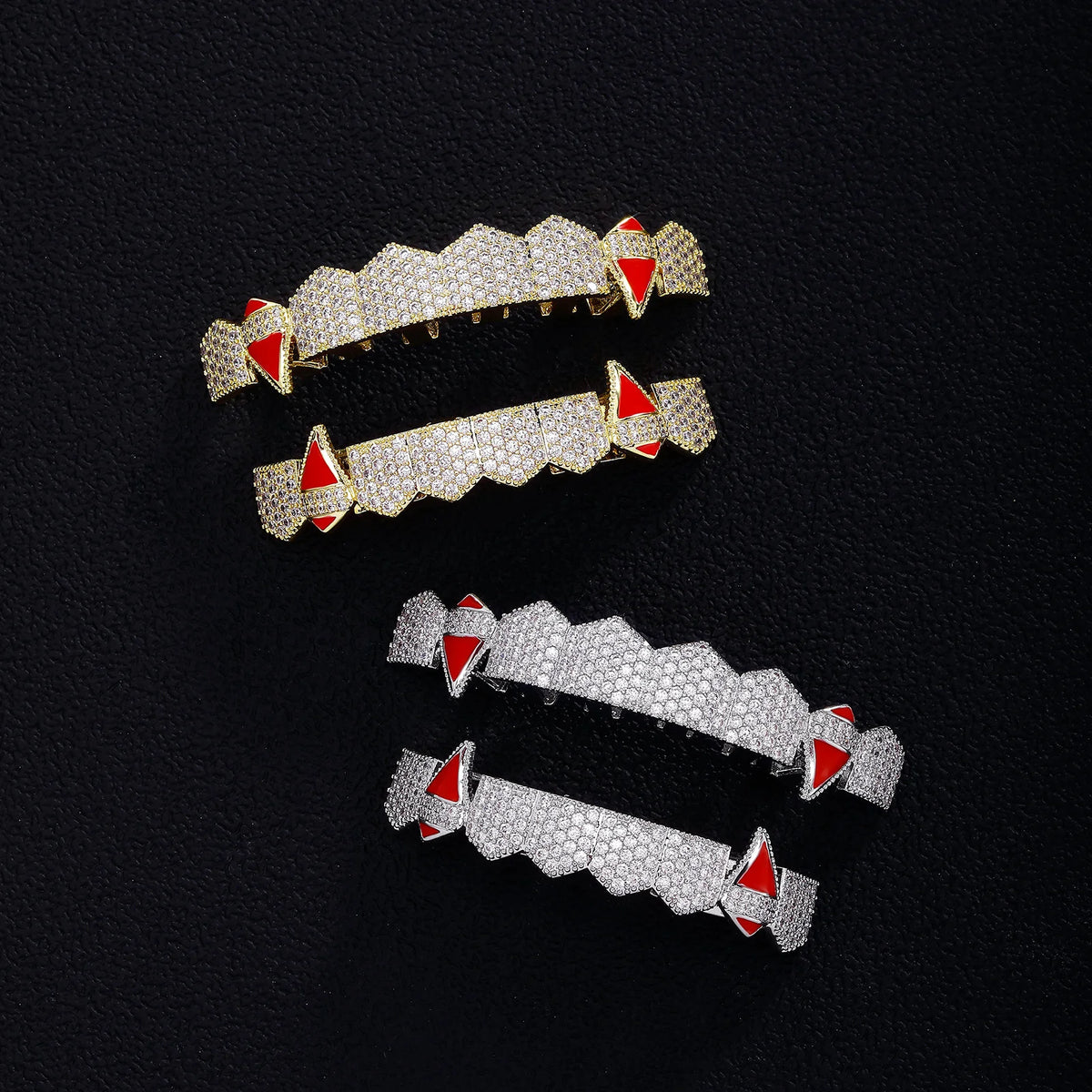 TOPGRILLZ Iced Out 5A+ CZ Teeth Set 8 Top& 8 Bottom Mouth Gold Silver Color Tooth Caps Removable Dental Grills For Halloween