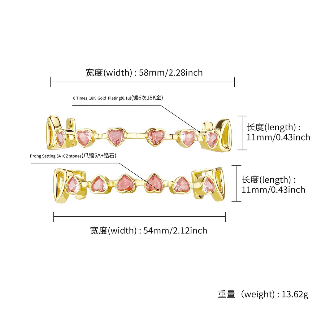 TOPGRILLZ Hip Hop Y2K Copper Grillz Set Pink And Clear Heart CZ Top Bottom Teeth Cap Sweet Cool Bling Jewelry For Women Men
