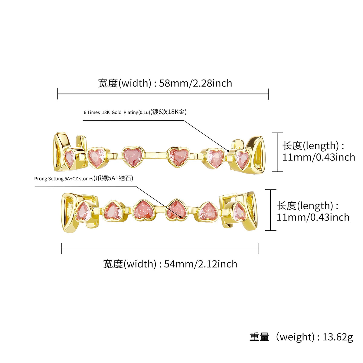 TOPGRILLZ Hip Hop Y2K Copper Grillz Set Pink And Clear Heart CZ Top Bottom Teeth Cap Sweet Cool Bling Jewelry For Women Men