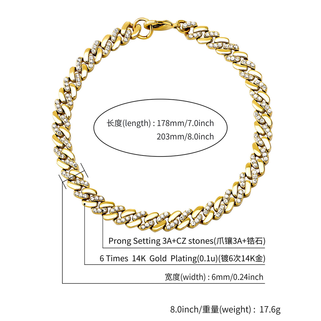 TOPGRILLZ 6MM/8MM Cuban Chain Necklace With Gold Plated Waterproof Iced Out Czechic Stone Hip Hop Fashion Jewelry For Men Women