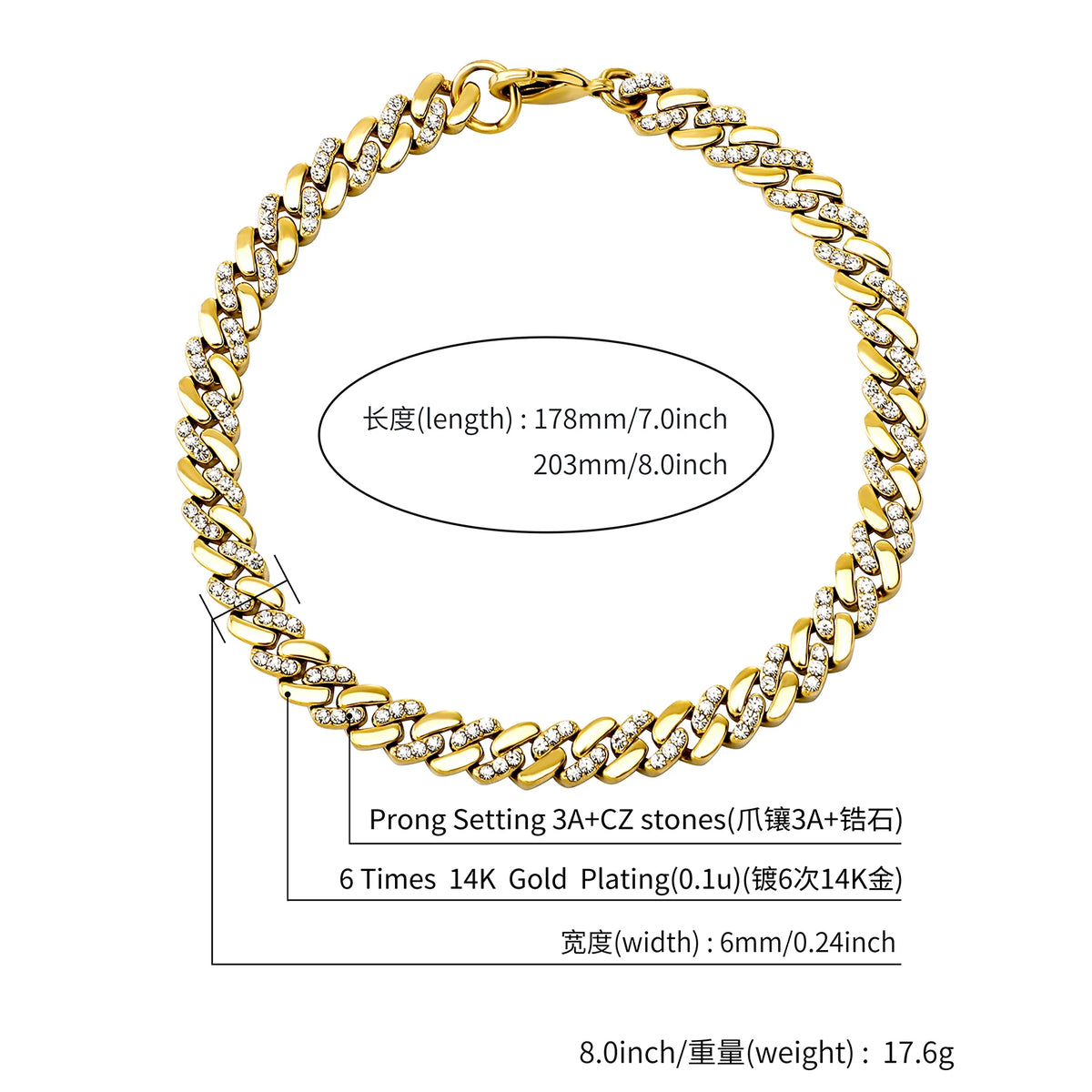 TOPGRILLZ 6MM/8MM Cuban Chain Necklace With Gold Plated Waterproof Iced Out Czechic Stone Hip Hop Fashion Jewelry For Men Women