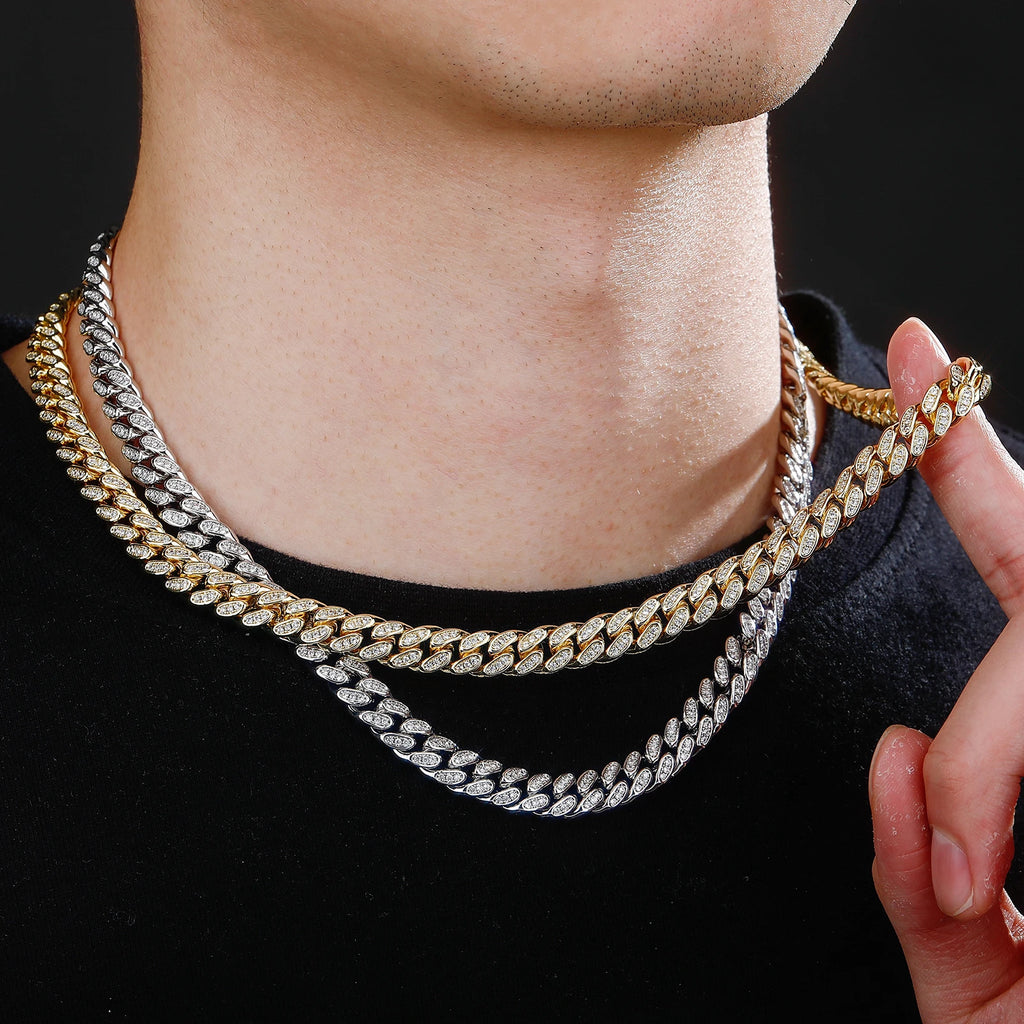 TOPGRILLZ 2Pcs Layered Hip Hop Necklace Set Iced Out Cuban Tennis Chain CZ Cross Pendant Streetwear Bling Jewelry Men Women