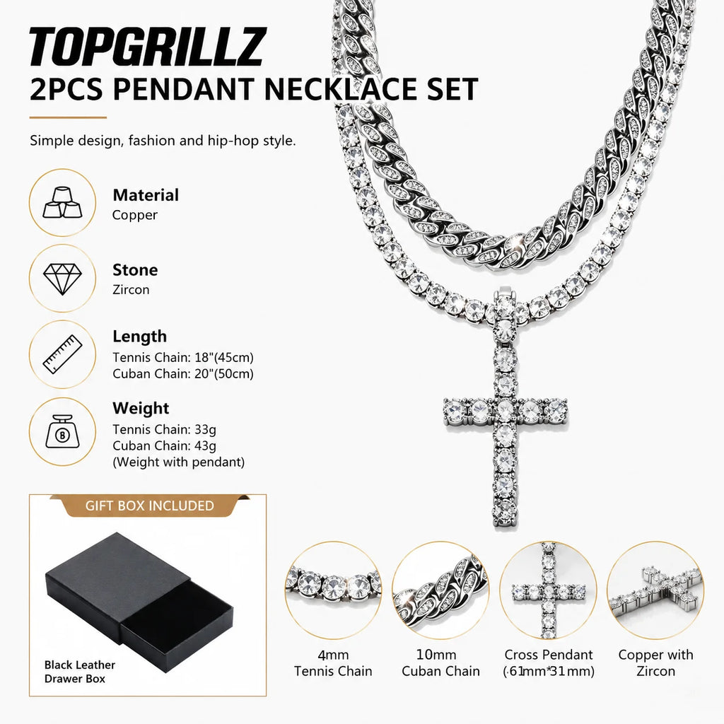 TOPGRILLZ 2Pcs Layered Hip Hop Necklace Set Iced Out Cuban Tennis Chain CZ Cross Pendant Streetwear Bling Jewelry Men Women