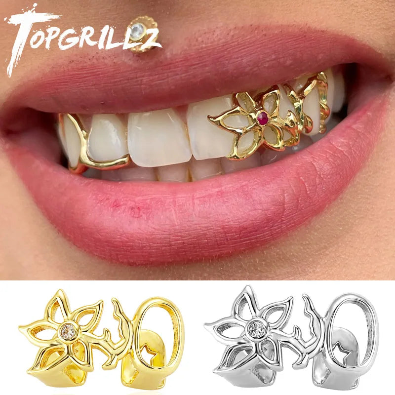 TOPGRILLZ Glossy Double Hollow Flower Tooth Grillz For Women Gold Silver Color Daily Wearable Tooth Jewelry Dental Grills