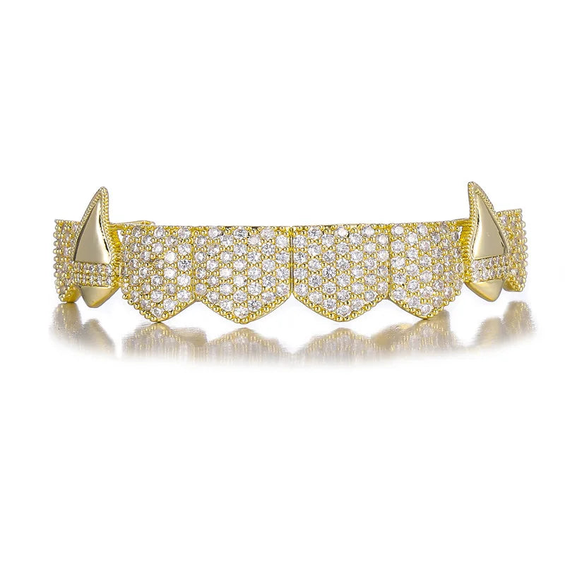 TOPGRILLZ Vampire Bling Full Micro Pave Cubic Zircon Teeth Grillz Caps 8 Top& 8 Bottom Removable Dental Grills For Halloween