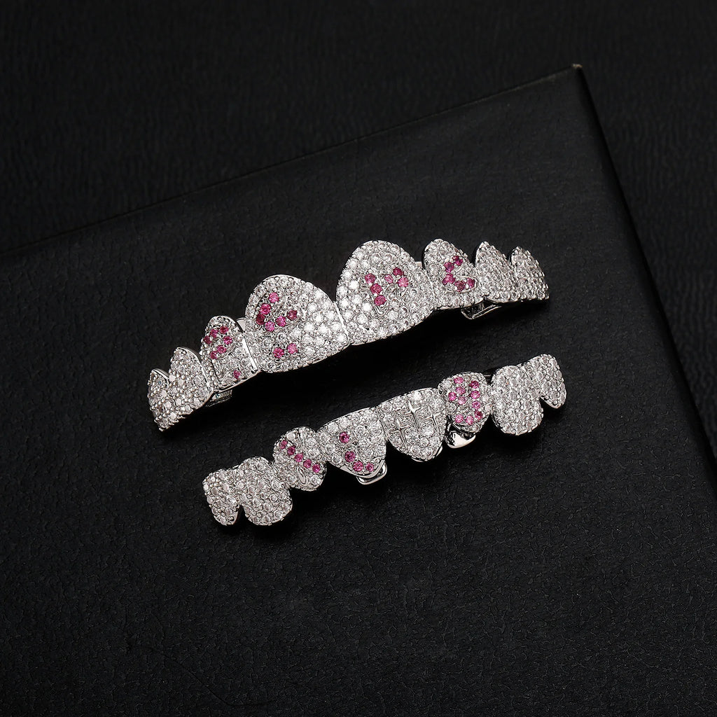 TOPGRILLZ White & Pink CZ Heart Cross Star Micro Pave Fang Grillz Set Gold Plated Top Bottom 8 Teeth Y2K Sweet Hip Hop Jewelry