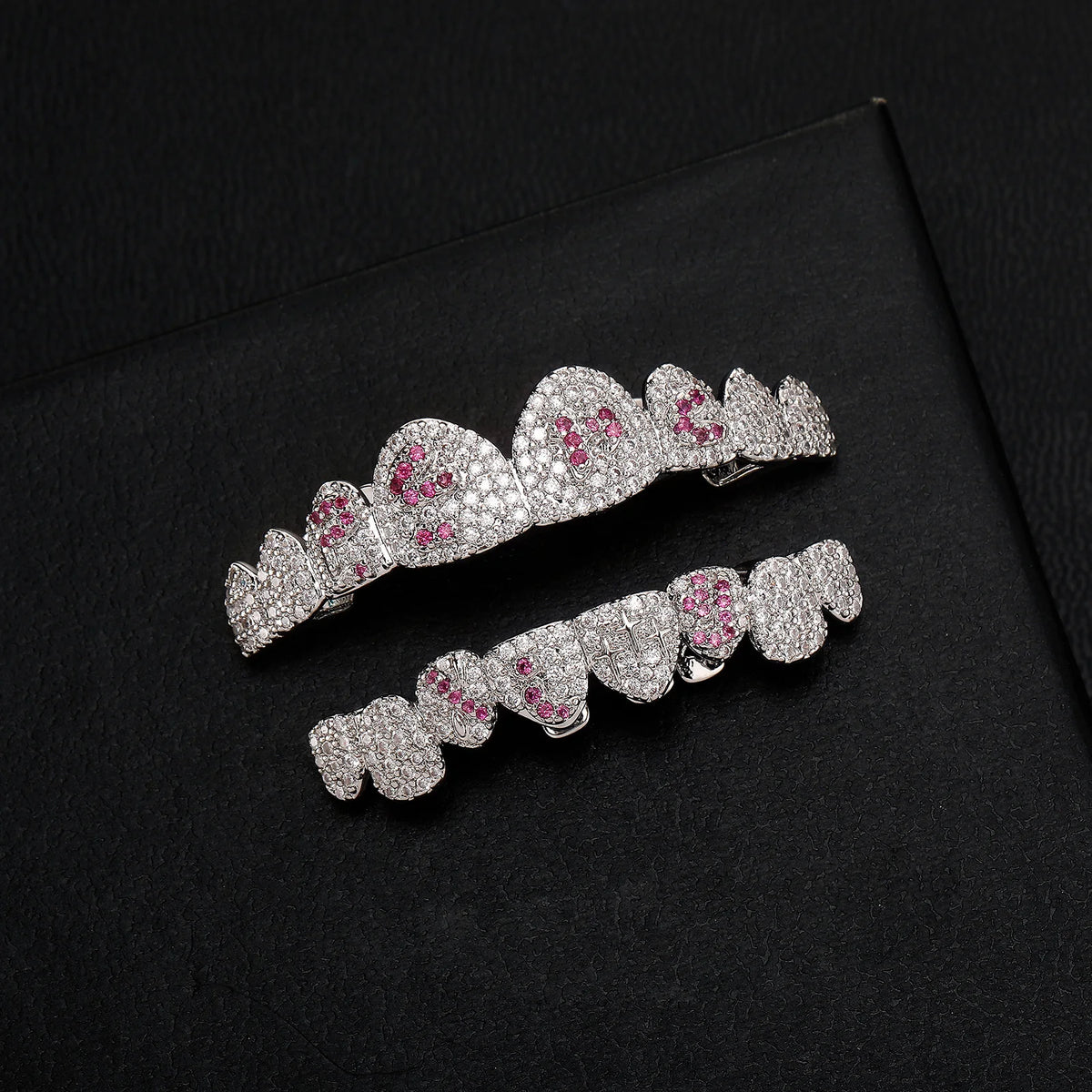 TOPGRILLZ White & Pink CZ Heart Cross Star Micro Pave Fang Grillz Set Gold Plated Top Bottom 8 Teeth Y2K Sweet Hip Hop Jewelry