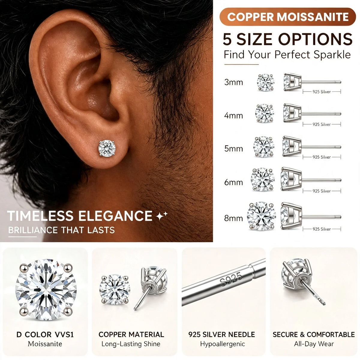 TOPGRILLZ Moissanite Stud Copper Earrings 3-8mm 925 Silver Needle GRA Certificate 4 Prong D Color Bling Jewelry Gift Men Women