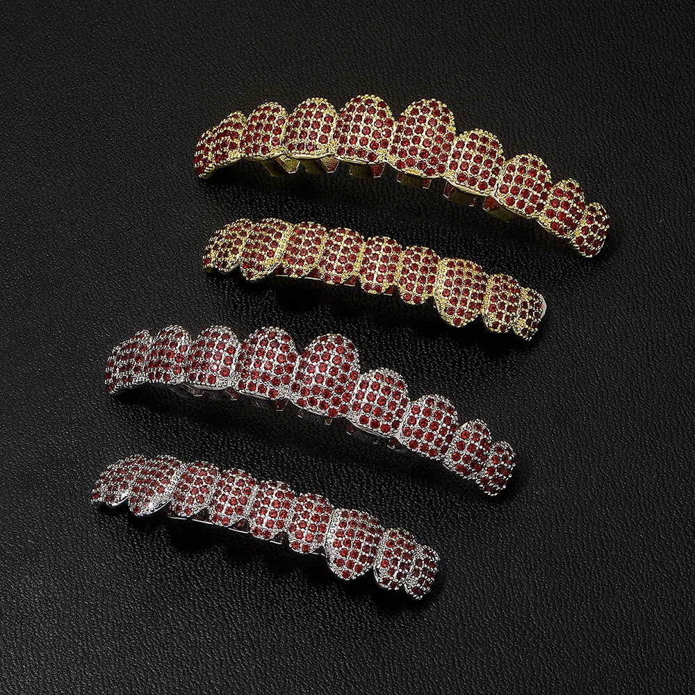 TOPGRILLZ Iced Out Cubic Zirconia Grillz Brace Punk 10/10 Top Bottom Dental Mouth Fang Grills Vampire Tooth Cap Cosplay Jewelry